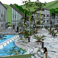 Boutique Guesthouse Building With Green Roof Courtyard Water Fountain Stone Walkways And Lush Plants