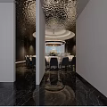 Luxurious Private Dining Room Interior with Round Table Chandelier and Marble Floor Decor