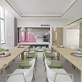 Bright Modern Restaurant Interior With Wooden Tables Green White Chairs And Wall Paintings