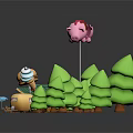Cute Cartoon Scene With Rainbow Pig Green Trees Small Wooden House Hamburger And Ice Cream Buildings
