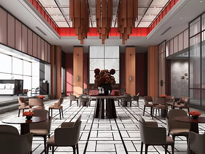 Hotel Public Lounge Modern Design With Chinese Elements Chandeliers Marble Floor And Floral Arrangements 3d model