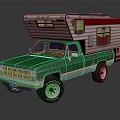 Green Pickup Truck With Pop Up Camper Trailer Red And White Stripes On Exterior