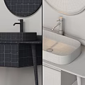 Modern Bathroom Vanity With Circular Mirror Marble Countertop And Metal Legs