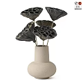 Decorative Ornaments Set With Beige Ceramic Vase And Black Lotus Seedpod Dried Flowers