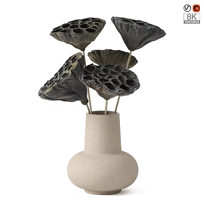 Decorative Ornaments Set With Beige Ceramic Vase And Black Lotus Seedpod Dried Flowers 3d model