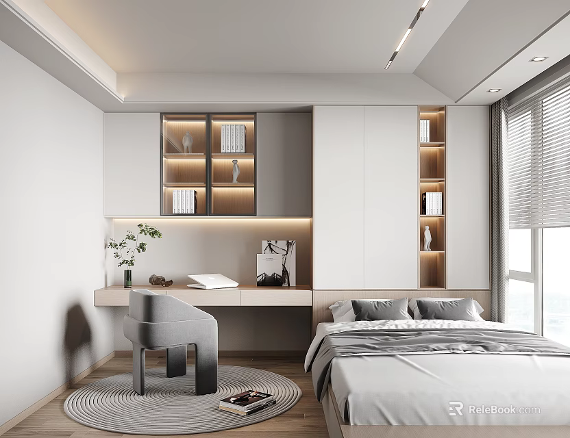 Modern Tatami Bedroom Interior Design With Tatami Bed Wooden Desk And Floating Bookshelves 3d model 