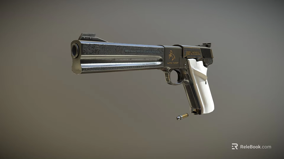 Metallic Silver Pistol Featuring White Grip Barrel and Bullet Shell 3d model