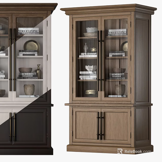 Elegant Wooden Bookcase With Glass Doors And Shelves Displaying Decorative Items 3d model 
