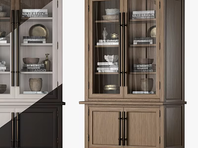Elegant Wooden Bookcase With Glass Doors And Shelves Displaying Decorative Items 3d model