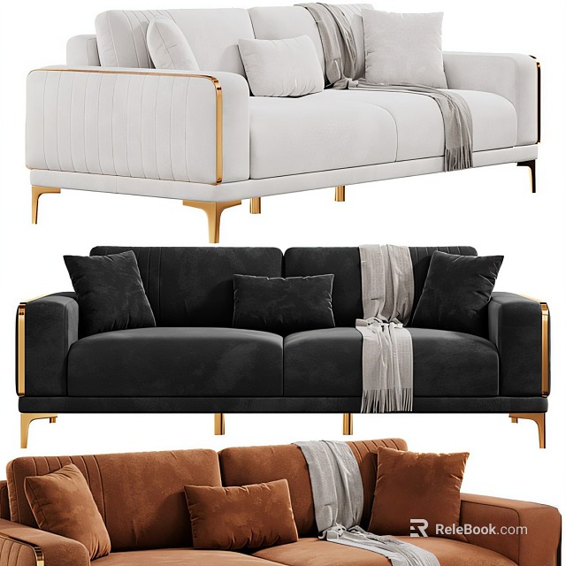 Modern Sectional Sofa in White Black Brown with Golden Legs Decorative Pillows and Throw Blanket 3d model 