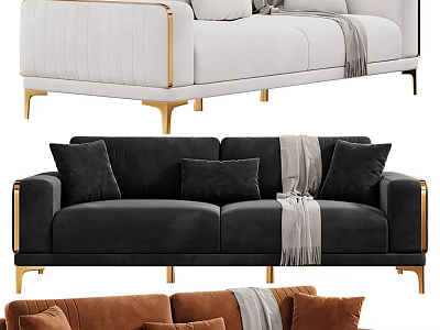 Modern Sectional Sofa in White Black Brown with Golden Legs Decorative Pillows and Throw Blanket 3d model
