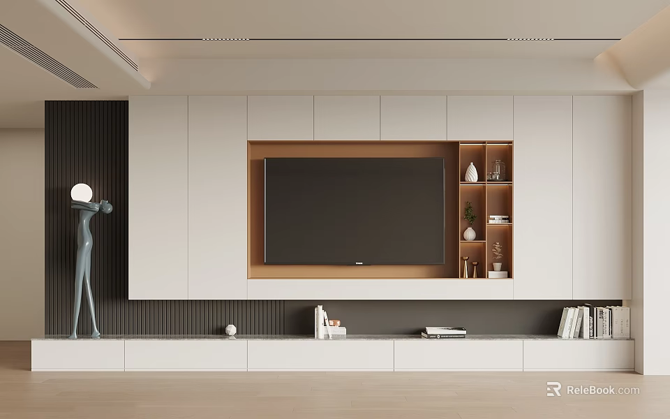 Modern TV Wall Interior Design With White Cabinets Wooden Frame And Decorative Shelves 3d model 