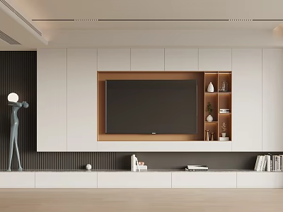 Modern TV Wall Interior Design With White Cabinets Wooden Frame And Decorative Shelves 3d model
