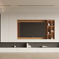 Modern TV Wall Interior Design With White Cabinets Wooden Frame And Decorative Shelves