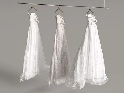 Elegant White Wedding Dresses Hanging On Rack With Lace Details And Bow Accents 3d model