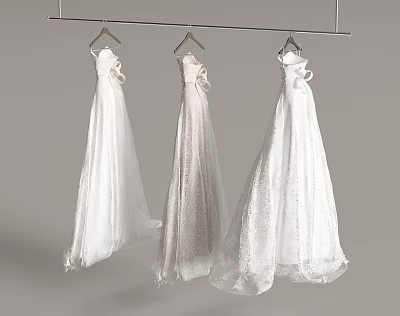 Elegant White Wedding Dresses Hanging On Rack With Lace Details And Bow Accents 3d model