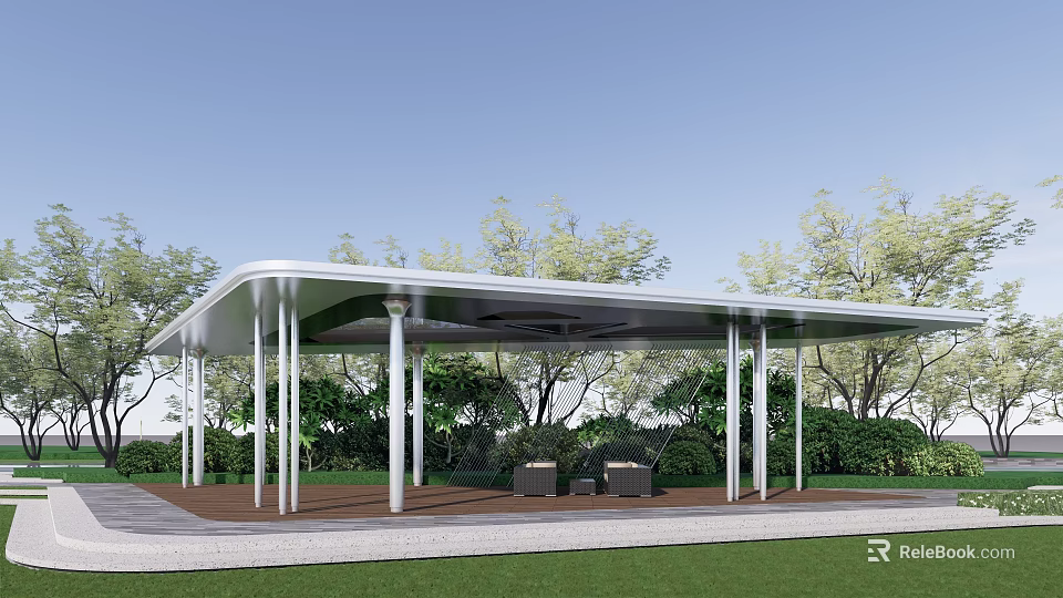 Modern Outdoor Pergola With White Canopy Metal Columns Wooden Floor And Greenery 3d model 