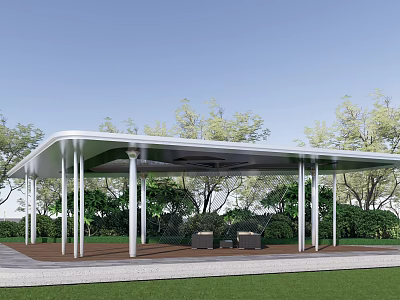 Modern Outdoor Pergola With White Canopy Metal Columns Wooden Floor And Greenery 3d model