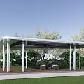 Modern Outdoor Pergola With White Canopy Metal Columns Wooden Floor And Greenery