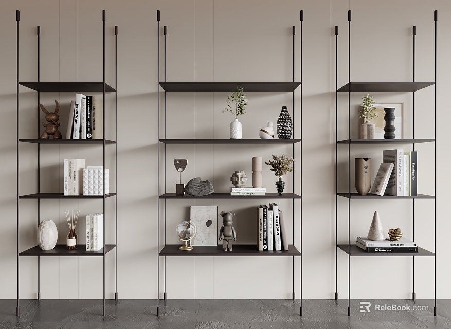 Modern Bookcase With Open Shelves Holding Books Decorative Vases Small Sculptures And Frames 3d model 