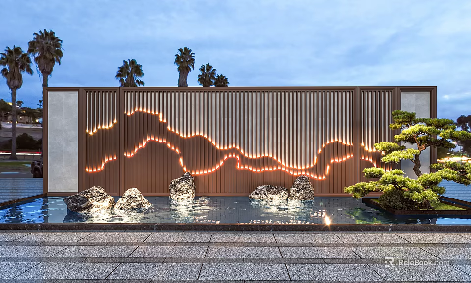 Scenic Feature Wall With Mountain Light Strips Water Pool Rocks Green Plants Palm Trees Background 3d model 