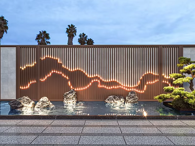 Scenic Feature Wall With Mountain Light Strips Water Pool Rocks Green Plants Palm Trees Background 3d model
