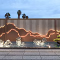 Scenic Feature Wall With Mountain Light Strips Water Pool Rocks Green Plants Palm Trees Background