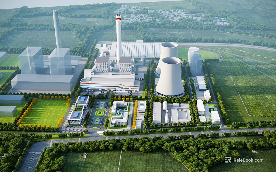 Aerial View of Modern Industrial Plant With Cooling Towers Chimneys Green Spaces and Roads 3d model 
