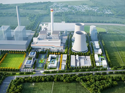 Aerial View of Modern Industrial Plant With Cooling Towers Chimneys Green Spaces and Roads 3d model