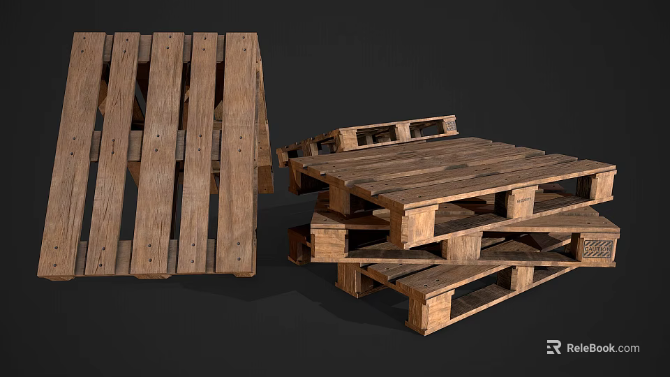 Wooden Pallets Stacked And Individual Featuring Rustic Wooden Slats And Support Blocks 3d model 