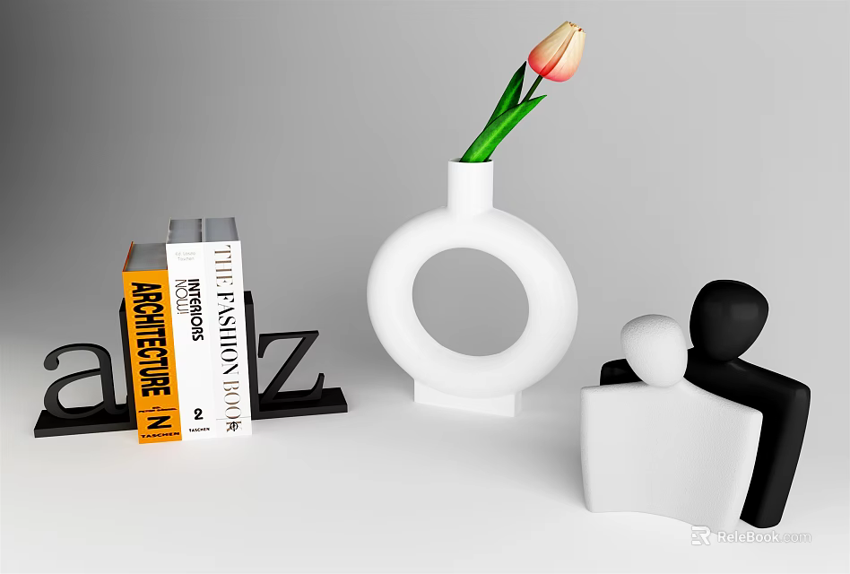 Decorative Ornament Set With White Vase Tulip Books Alphabet And Black White Figurines 3d model 