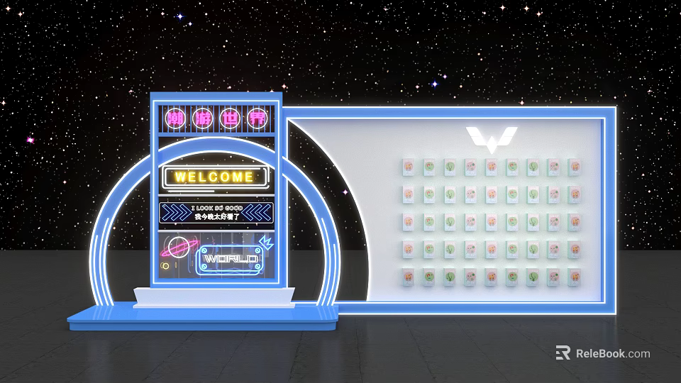 Vibrant Claw Machine Display With Neon Lights And Starry Sky Background 3d model