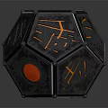 Modern Decorative Polyhedral Furniture Featuring Metallic Texture Gray Black Tones Orange Lines And Red Circle