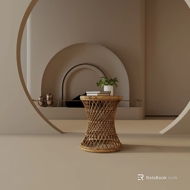 Modern Woven Rattan Side Table With Small Green Plant And Books In Neutral Interior 3d model 