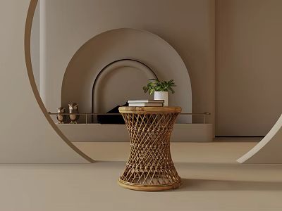Modern Woven Rattan Side Table With Small Green Plant And Books In Neutral Interior 3d model