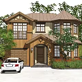 Detached Villa Exterior with Wooden Siding Brown Roof Green Plants and White Car