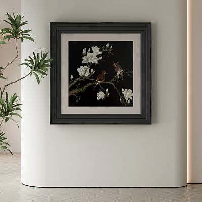 Abstract Painting With Magnolia Flowers And Birds Black Background Framed On Wall With Green Plants 3d model
