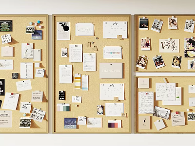 Creative Corkboard Photo Wall with Various Photos Notes Papers Charts And Pins 3d model