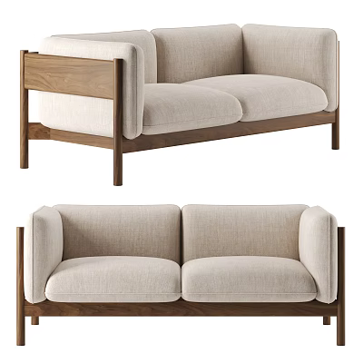 Modern Two Seater Sofa with Beige Fabric and Wooden Frame Minimalist Design 3d model