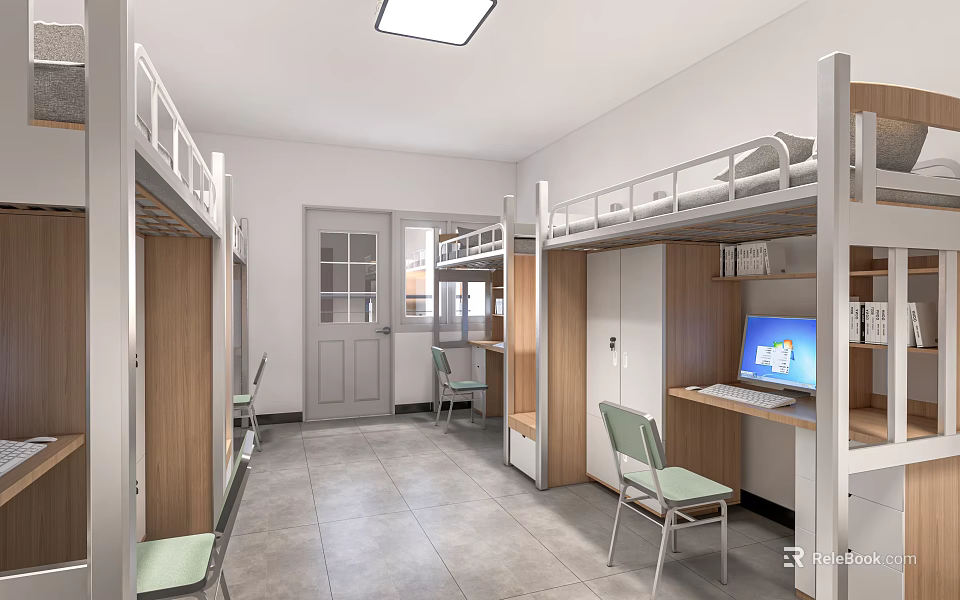 School Dormitory Room With Bunk Beds Desks Cabinets Computer And Windows 3d model 