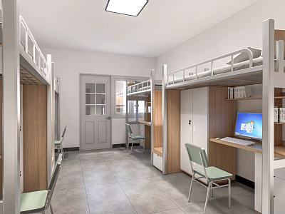 School Dormitory Room With Bunk Beds Desks Cabinets Computer And Windows 3d model