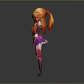 3D Rendered Woman with Orange Long Hair Purple Red Outfit Armor Details Arms Outstretched