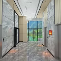 Modern Elevator Lobby With Marble Walls Large Windows And Lake Mountain View 3d model