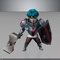 3D Fantasy Warrior Character With Blue Hair Armor Holding Hammer And Shield