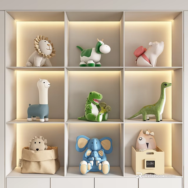 Plush Animal Toys Displayed on Shelf Unit with Various Cute Designs and Colors 3d model 