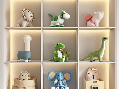 Plush Animal Toys Displayed on Shelf Unit with Various Cute Designs and Colors 3d model