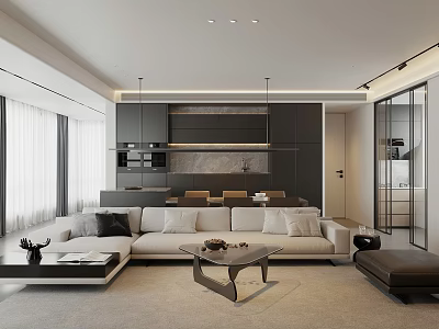 Modern Living and Dining Room Interior With Beige Sofa Coffee Table And Dark Cabinets 3d model