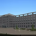 Modern White School Building Exterior With Plaza Greenery Trees And Clear Blue Sky