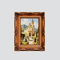 Ornate Gold Carved Picture Frame Featuring Castle Garden Scene with People and Mountains