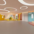 Modern Interior Space with Arched Structures Colorful Walls Circular Ceiling Lights and Potted Plants